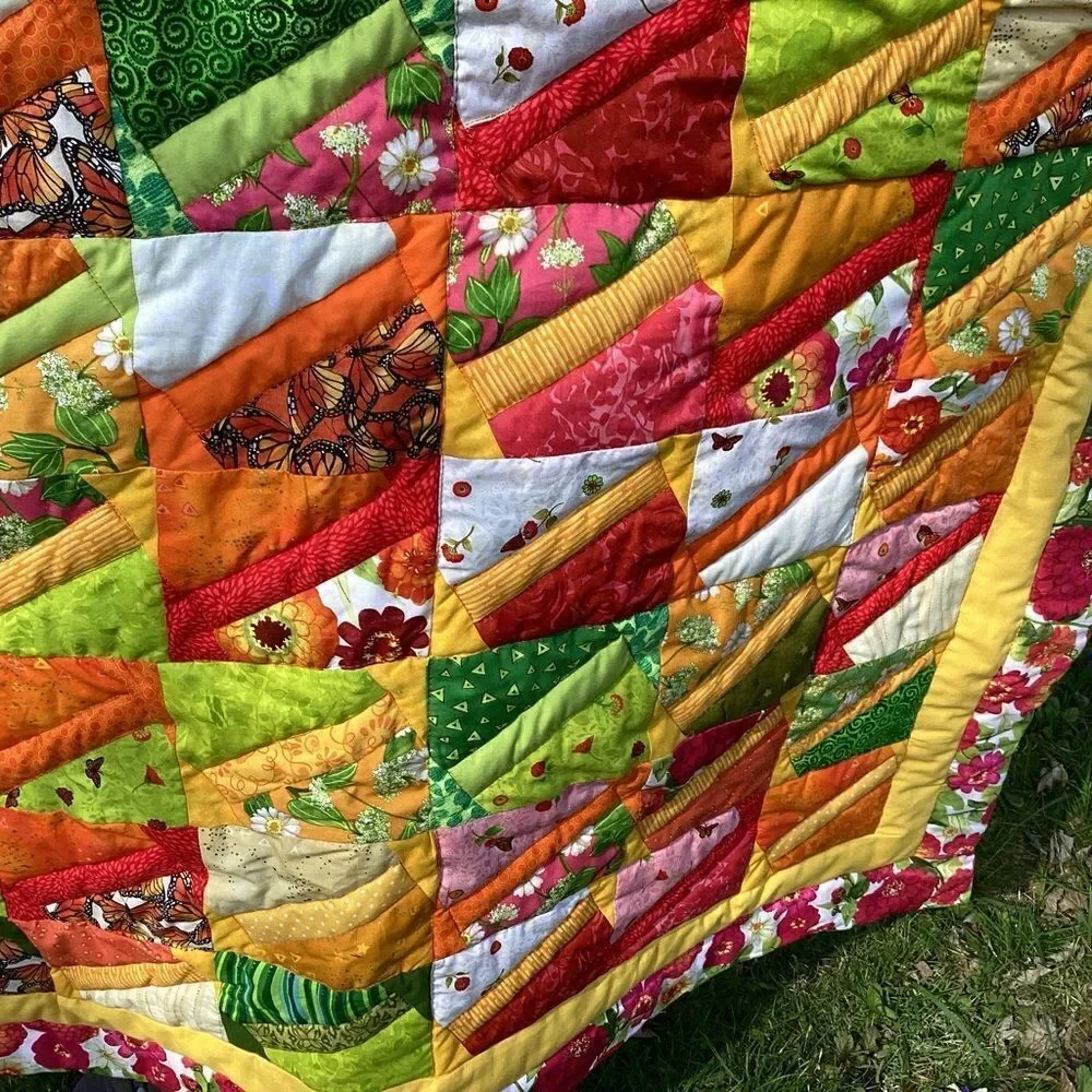NWT. Hand Crafted “Welcome Spring & Summer” Brights Quilt with Zinnia Borders